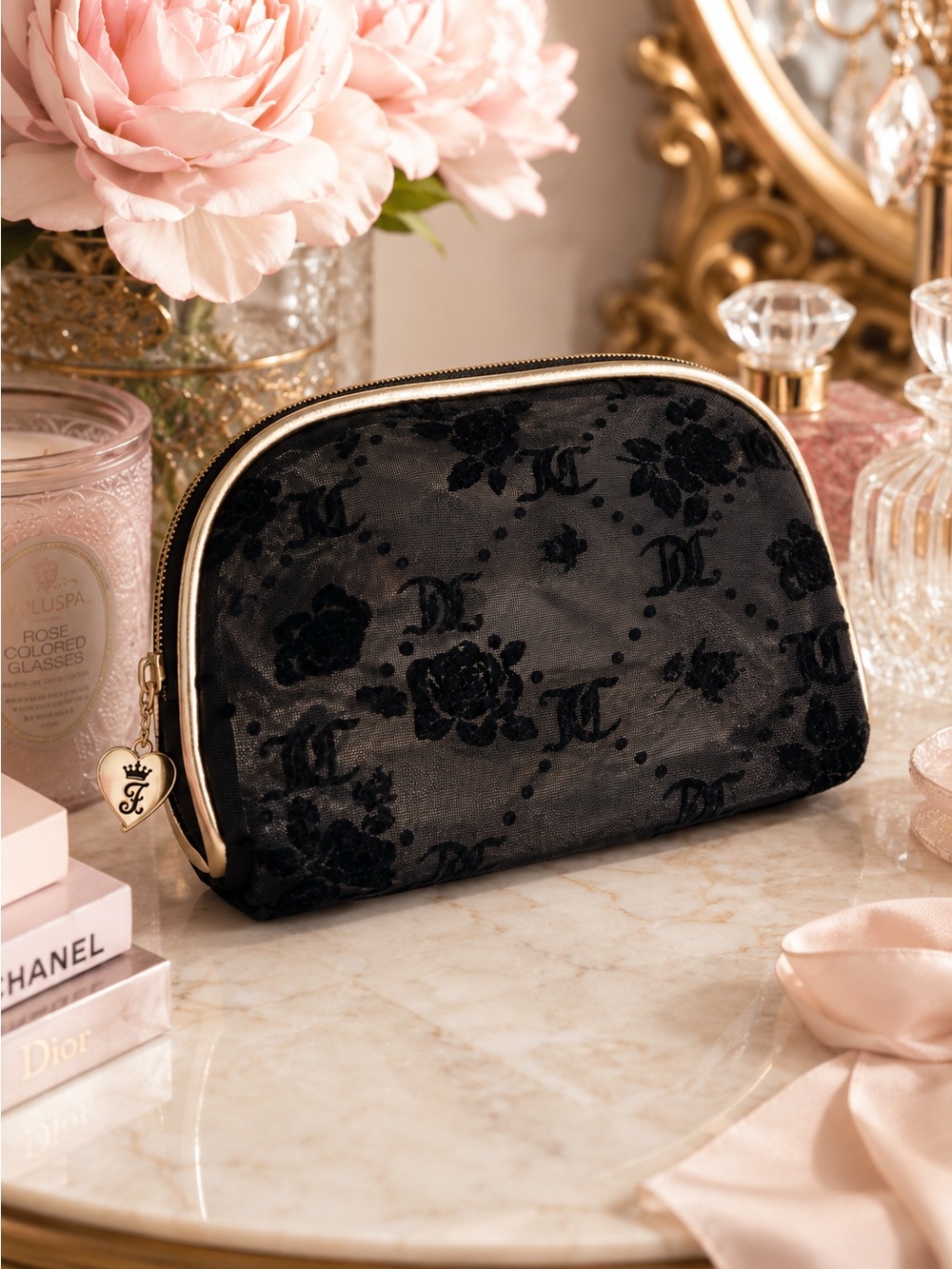 Juicy Couture Luxury Black Velvet Flocked Floral Cosmetic Pouch Y2K Glam Coquett